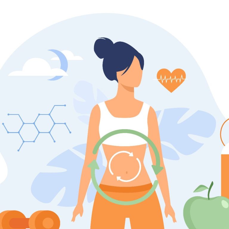 Illustration einer Frau mit Fokus auf Gesundheit, Ernährung und dem menschlichen Körper.