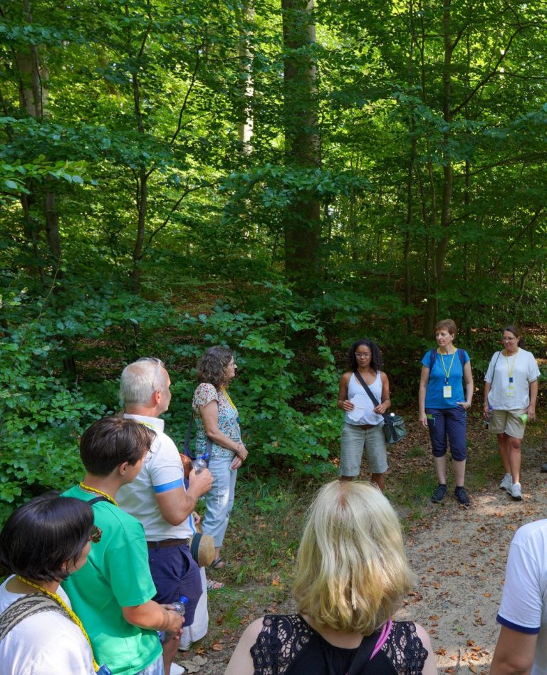 Gruppe von Personen steht im Wald und hört einer Vortragenden zu.
