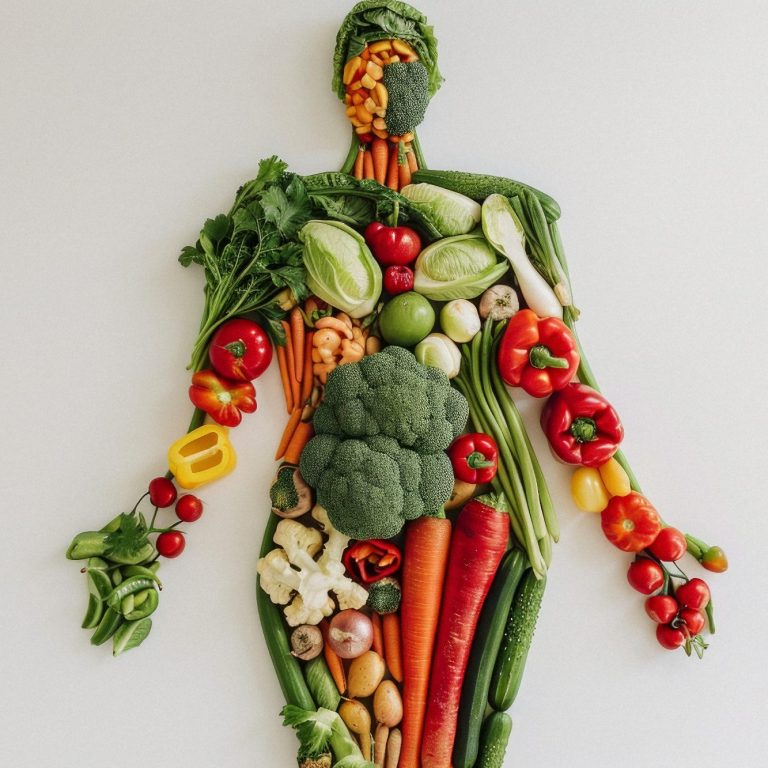 Figur aus Gemüse und Obst, die menschliche Körperform darstellt.